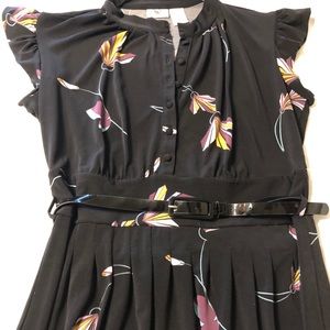 Black Print Dress Flutter Cap Sleeves